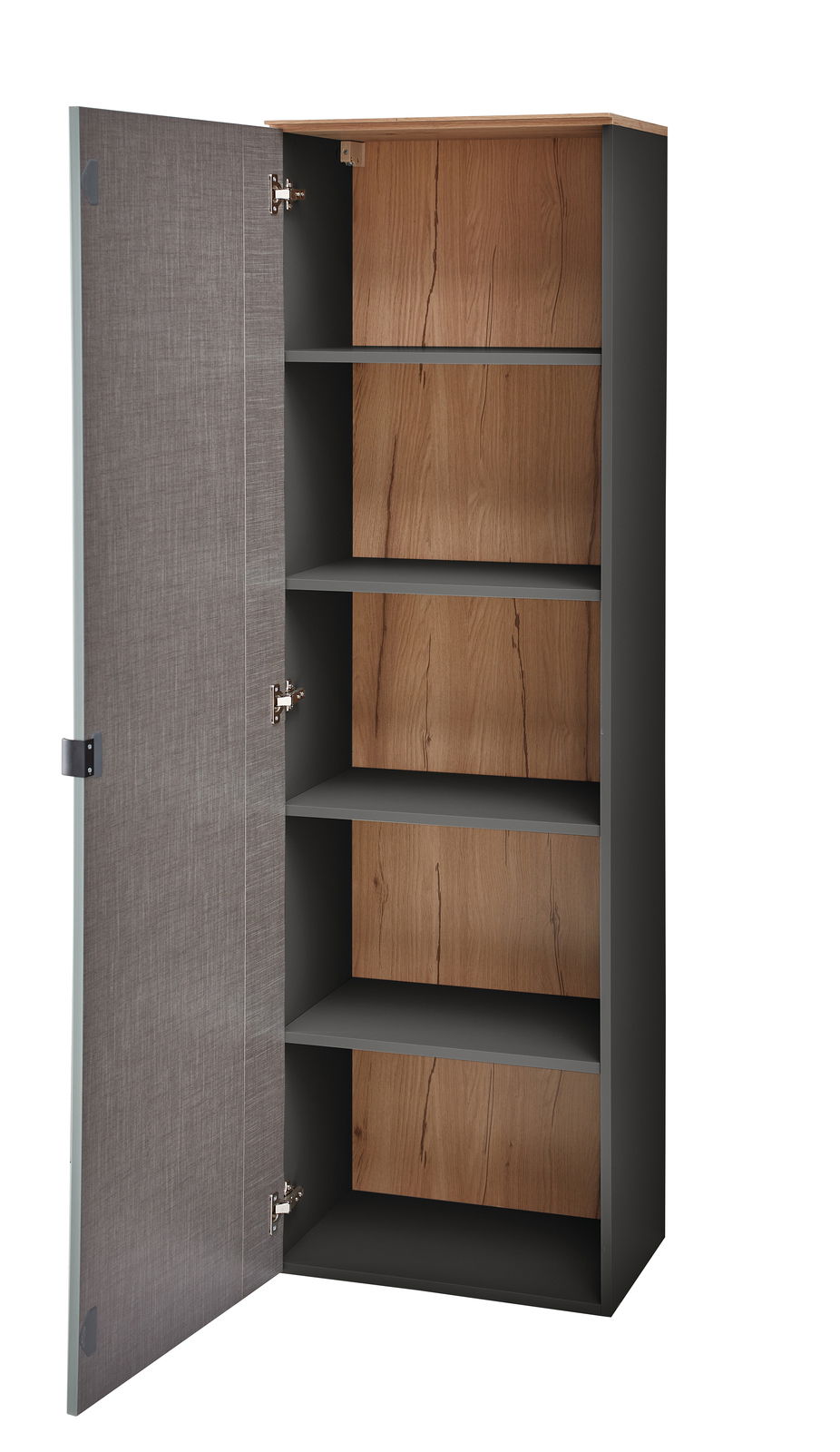 Offener Garderoben-Hängeschrank mit Holzböden und grauer Tür, Perspektive von vorne.