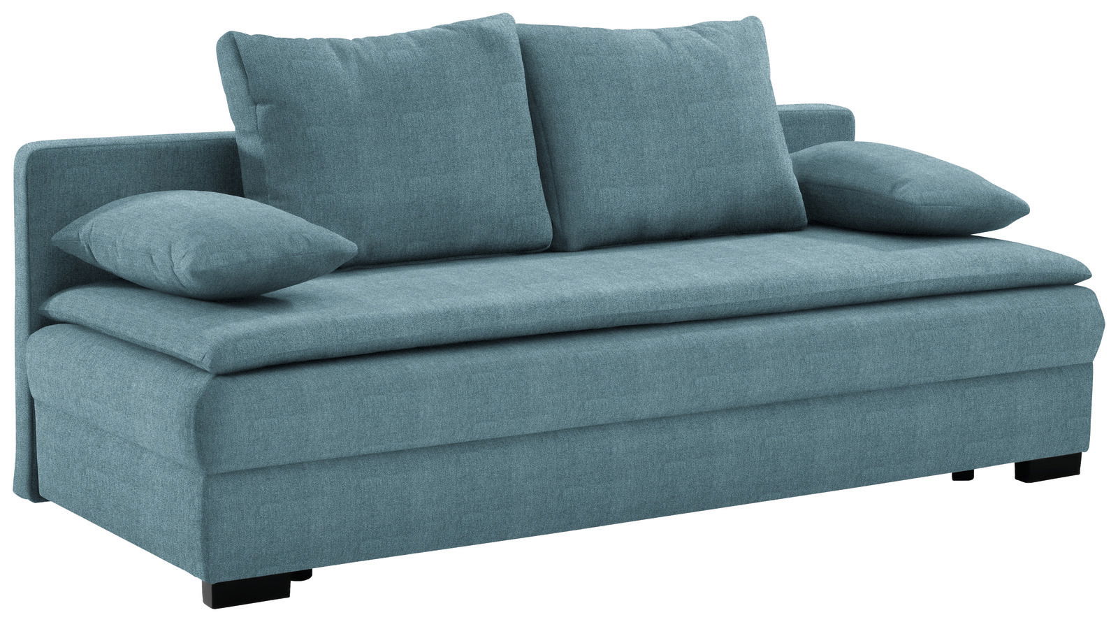 Blaues Funktionssofa mit zwei großen Rückenkissen und zwei Armlehnenkissen, seitliche Perspektive