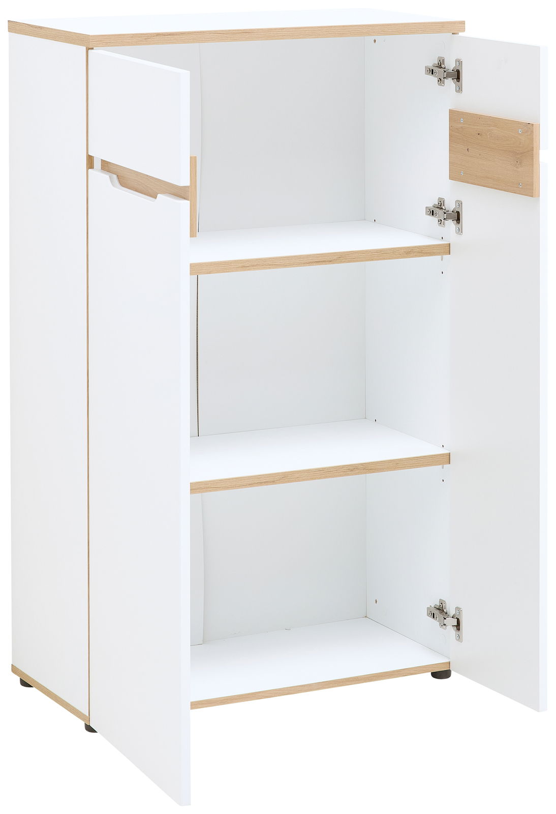 Weißer, niedriger Aktenschrank mit zwei offenen Türen und einem Schubfach, aus einer leicht seitlichen Perspektive fotografiert.