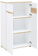 Weißer, niedriger Aktenschrank mit zwei offenen Türen und einem Schubfach, aus einer leicht seitlichen Perspektive fotografiert.