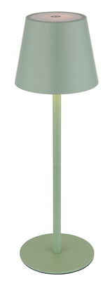 Grüne Akku-Tischleuchte VANNIE 3 in seitlicher Perspektive mit konischem Lampenschirm und schlankem Standfuß.