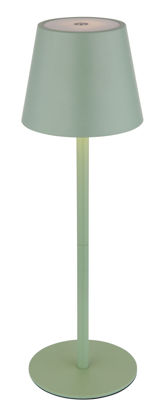 Grüne Akku-Tischleuchte VANNIE 3 in seitlicher Perspektive mit konischem Lampenschirm und schlankem Standfuß.