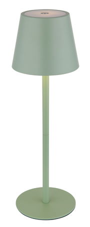 Grüne Akku-Tischleuchte VANNIE 3 in seitlicher Perspektive mit konischem Lampenschirm und schlankem Standfuß.
