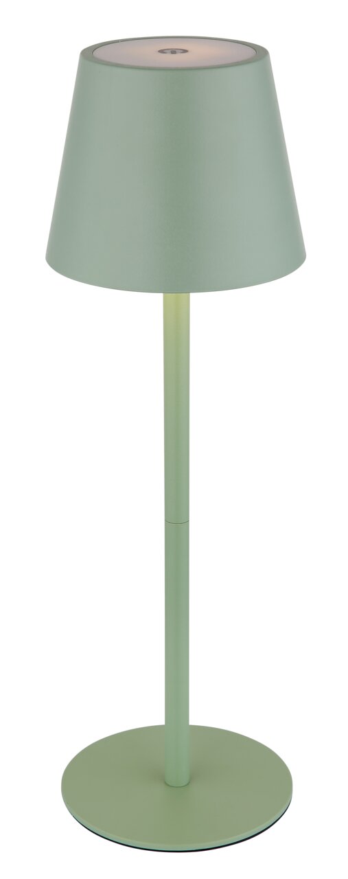 Groene accu-tafellamp VANNIE 3 in zijaanzicht, met een conische lampenkap en een slanke voet.