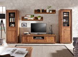 Wohnzimmeransicht mit zwei hohen Vitrinen aus Holz, einem TV-Schrank und Wandregalen, frontal fotografiert.
