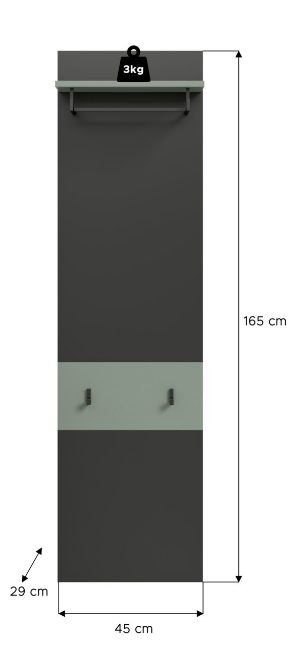 Schmale Wandgarderobe in Anthrazit mit Ablage oben, Kleiderstange und zwei Haken, Maße ca. 165 x 45 x 29 cm, Tragkraft der Ablage 3 kg, frontale Ansicht.
