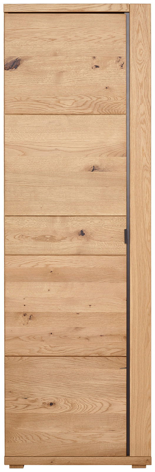 Frontansicht eines modernen, hölzernen Garderobenschranks mit natürlicher Maserung und minimalistischen Design.