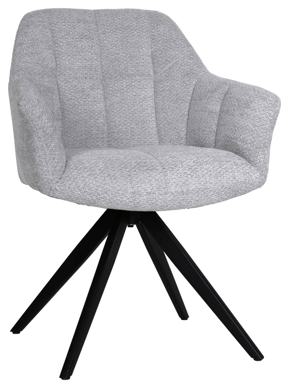 Grauer Armlehnstuhl mit gepolstertem Sitz und schwarzem Metallgestell, Vorderansicht