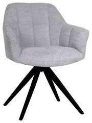 Grauer Armlehnstuhl mit gepolstertem Sitz und schwarzem Metallgestell, Vorderansicht