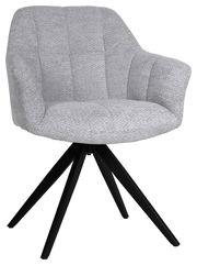 Grauer Armlehnstuhl mit gepolstertem Sitz und schwarzem Metallgestell, Vorderansicht