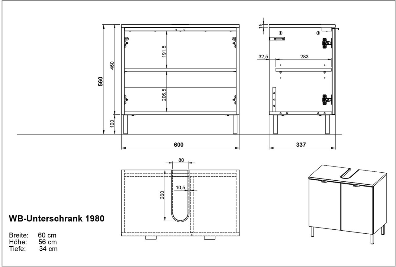 Technische Zeichnung eines Waschbeckenunterschranks mit den Maßen: Breite 60 cm, Höhe 56 cm, Tiefe 34 cm. Perspektive von vorne, seitlich und oben.
