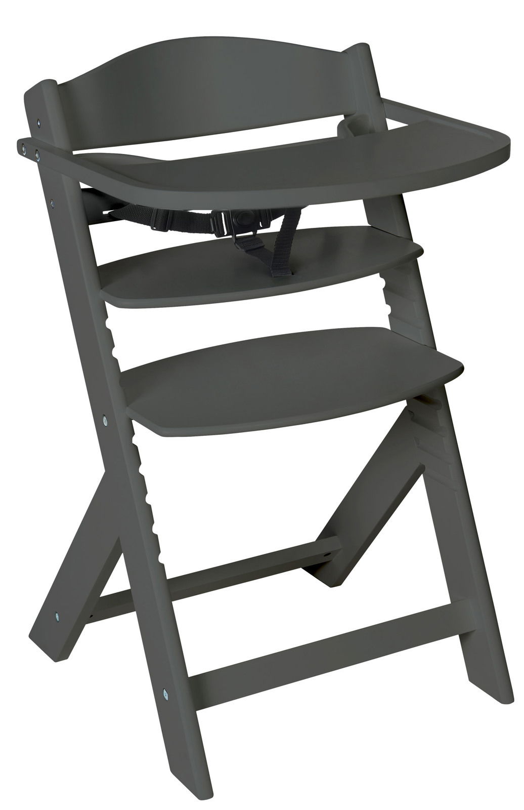 Grauer Hochstuhl mit Sicherheitsgurt, seitliche Perspektive