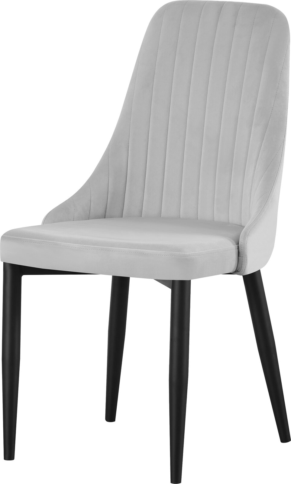 Beiger Polsterstuhl mit hoher, vertikal gesteppten Rückenlehne und schwarzen konischen Beinen, freigestellt auf weißem Hintergrund, in leicht schräger Vorderansicht.