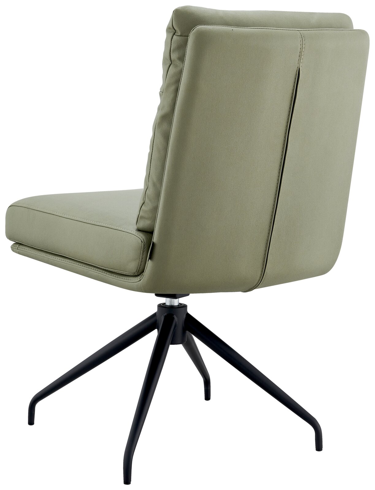 Rückansicht eines modernen, grünen Stuhls mit schwarzem Metallgestell und drehbarem Fuß.