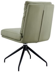 Rückansicht eines modernen, grünen Stuhls mit schwarzem Metallgestell und drehbarem Fuß.