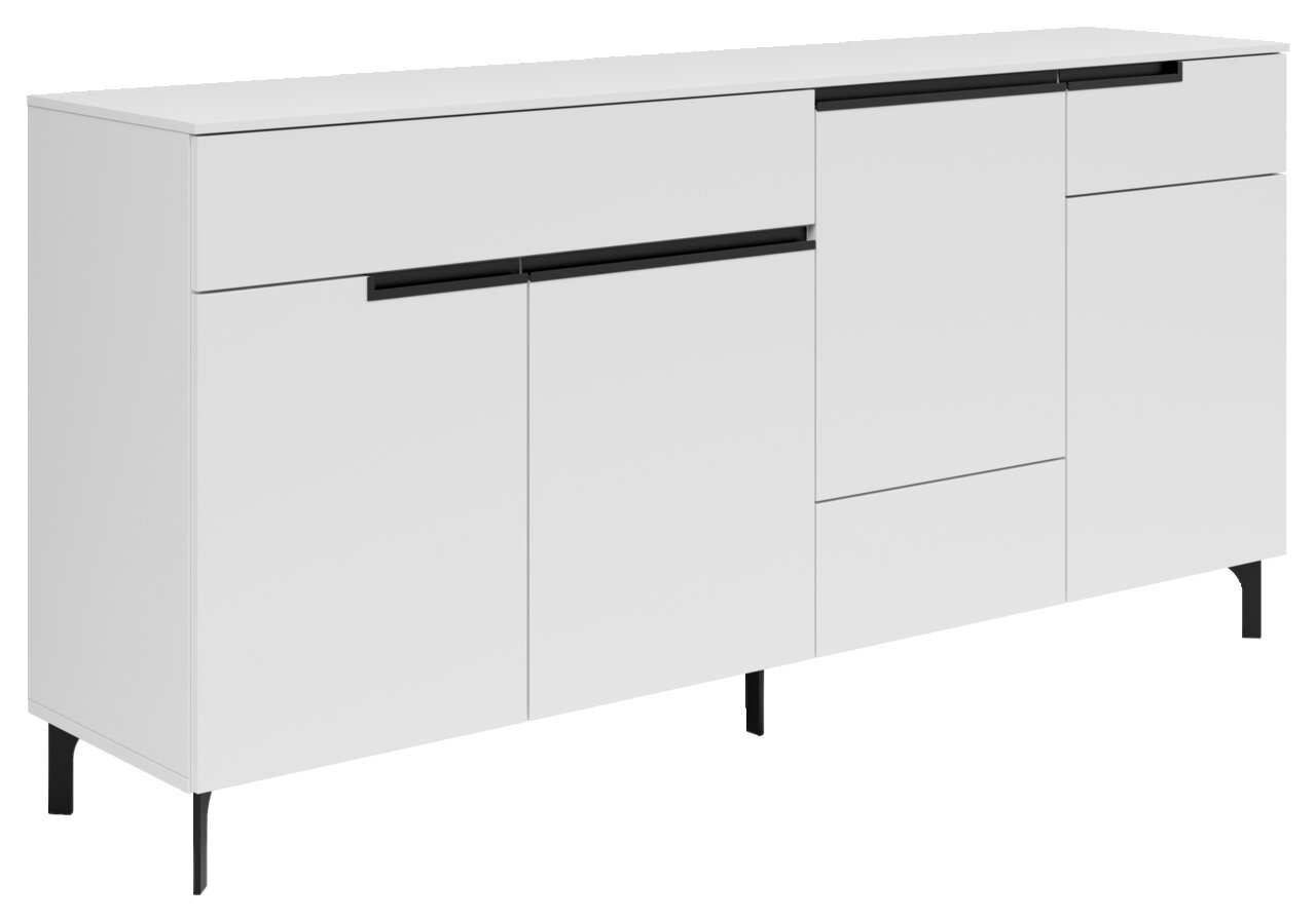 Weißes Sideboard mit schwarzen Griffen und schlanken Beinen, seitliche Perspektive