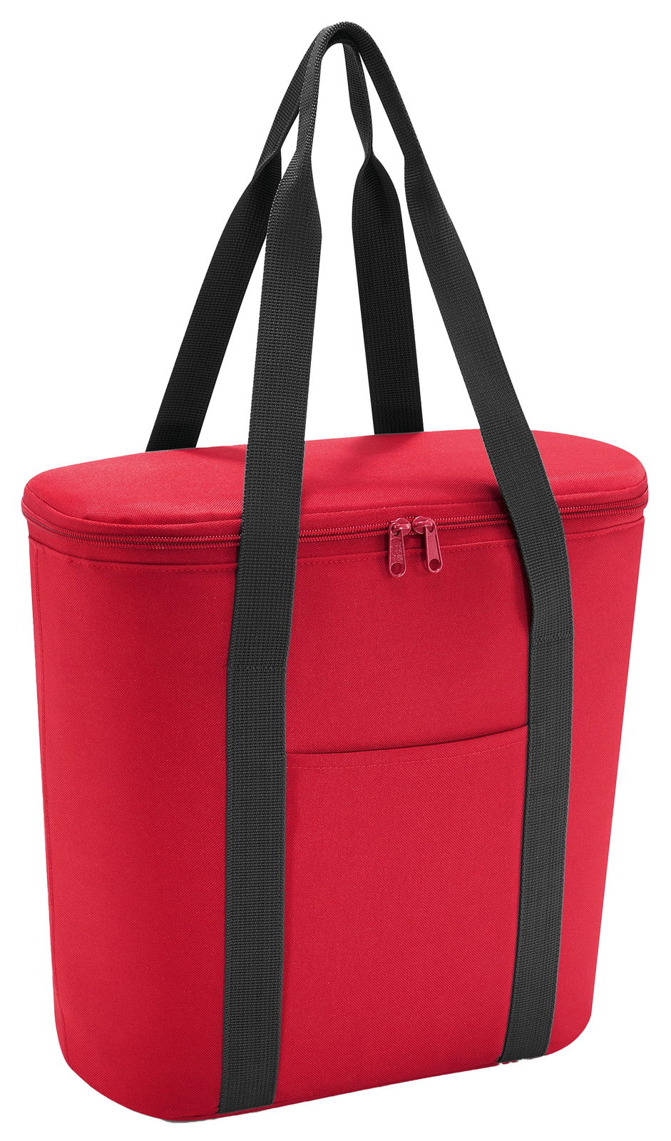 Rote Thermotasche mit schwarzen Tragegriffen, seitliche Perspektive