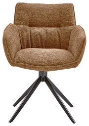 Brauner Armlehnstuhl mit gepolstertem Sitz und schwarzem Metallgestell, Frontalansicht