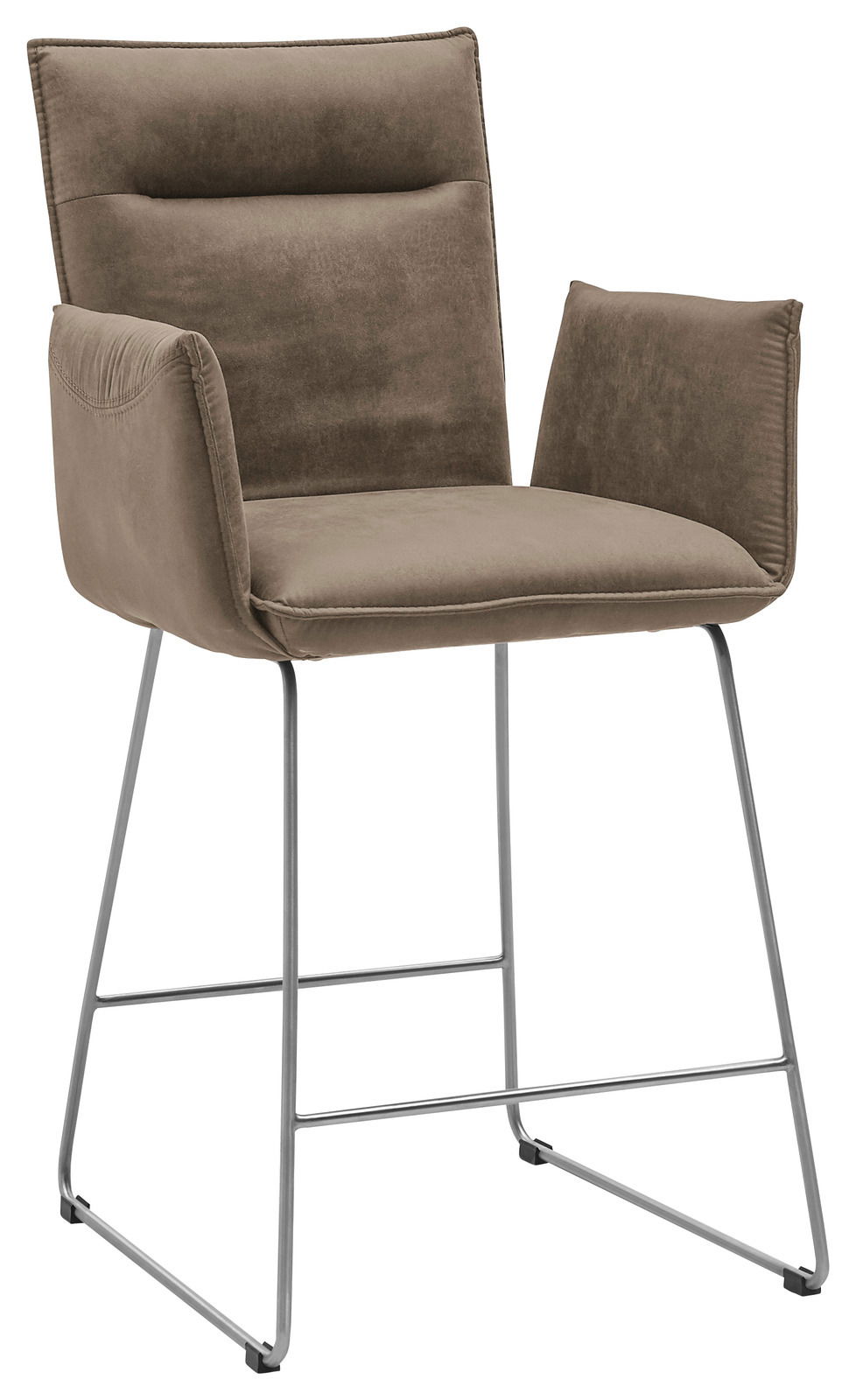 Barsessel mit gepolstertem Sitz und Rückenlehne in braunem Stoff, Metallgestell, seitliche Perspektive