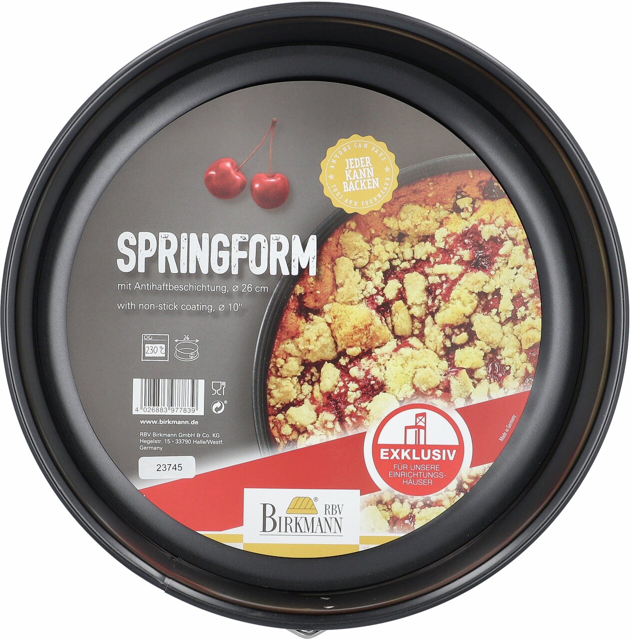 Birkmann Springform 26 cm Springform 26 cm mit Antihaftbeschichtung, abgebildet von oben mit einem Kuchen im Inneren und Kirschen auf der Verpackung.