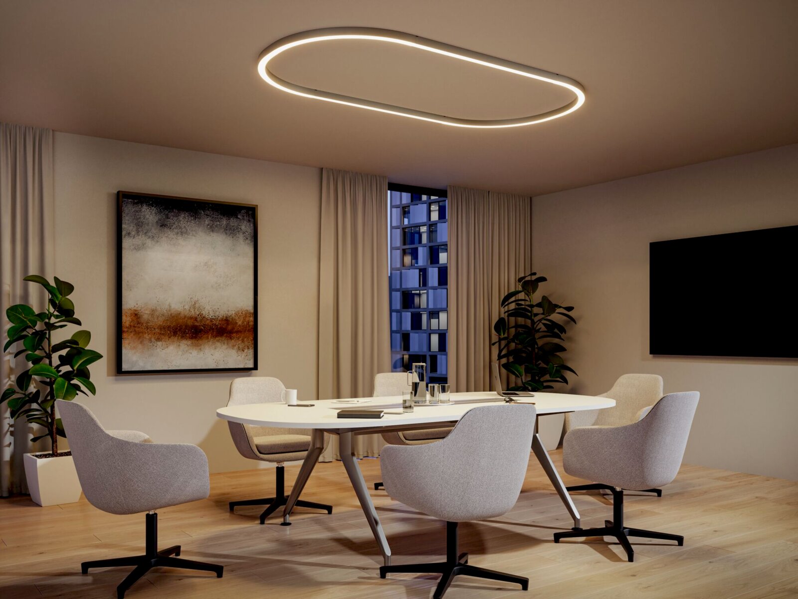 PAULMANN Lichtkanal Kurve 90 Grad LINION Moderne ovale LED-Deckenleuchte als schlanker Leuchtring in einem Besprechungsraum über einem Konferenztisch, warmweiß leuchtend; Perspektive: Blick leicht von unten in den Raum zur Decke