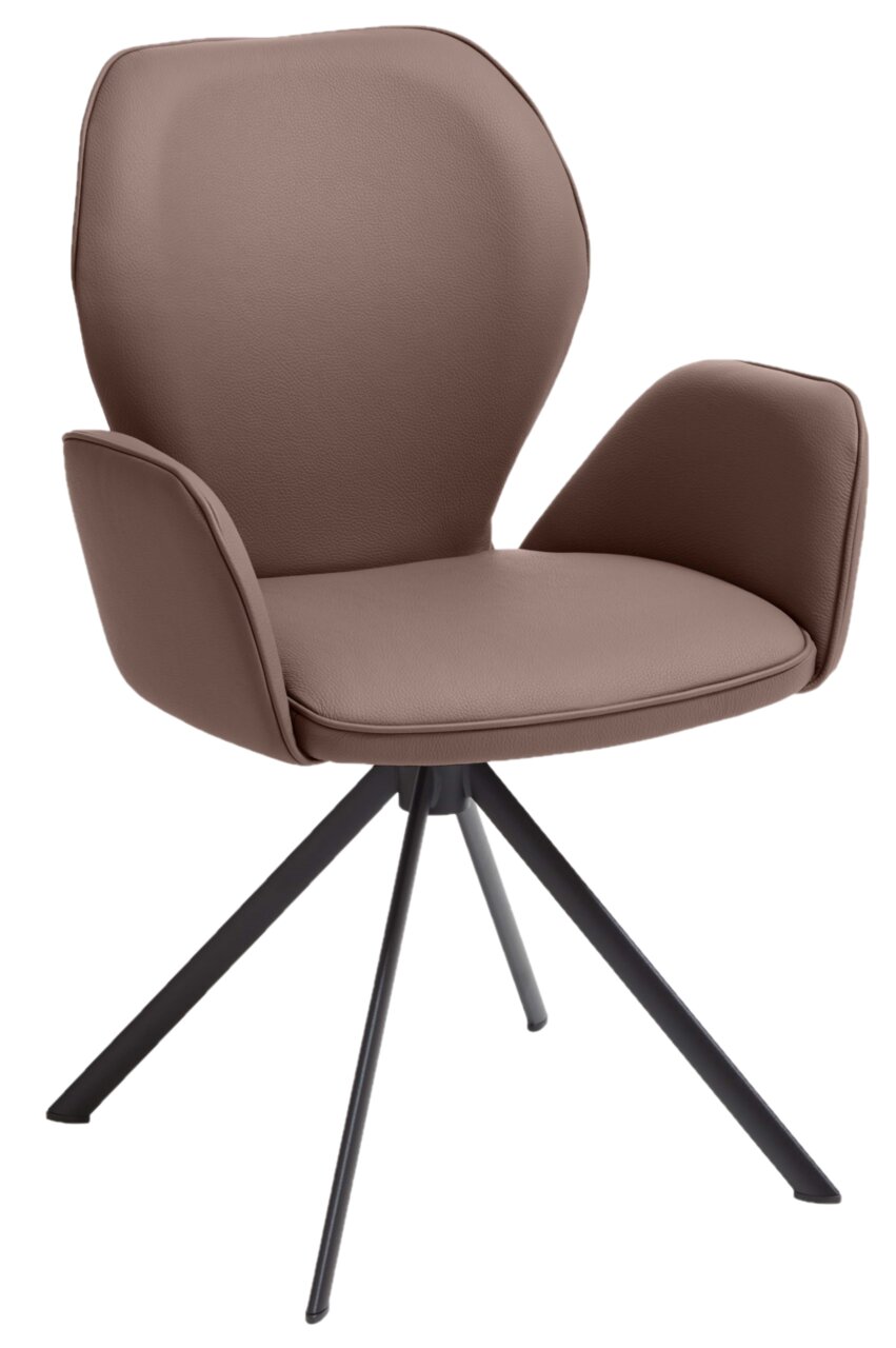 Moderner brauner Sessel mit gepolstertem Sitz und Rückenlehne, sowie schwarzen Metallbeinen, seitliche Perspektive