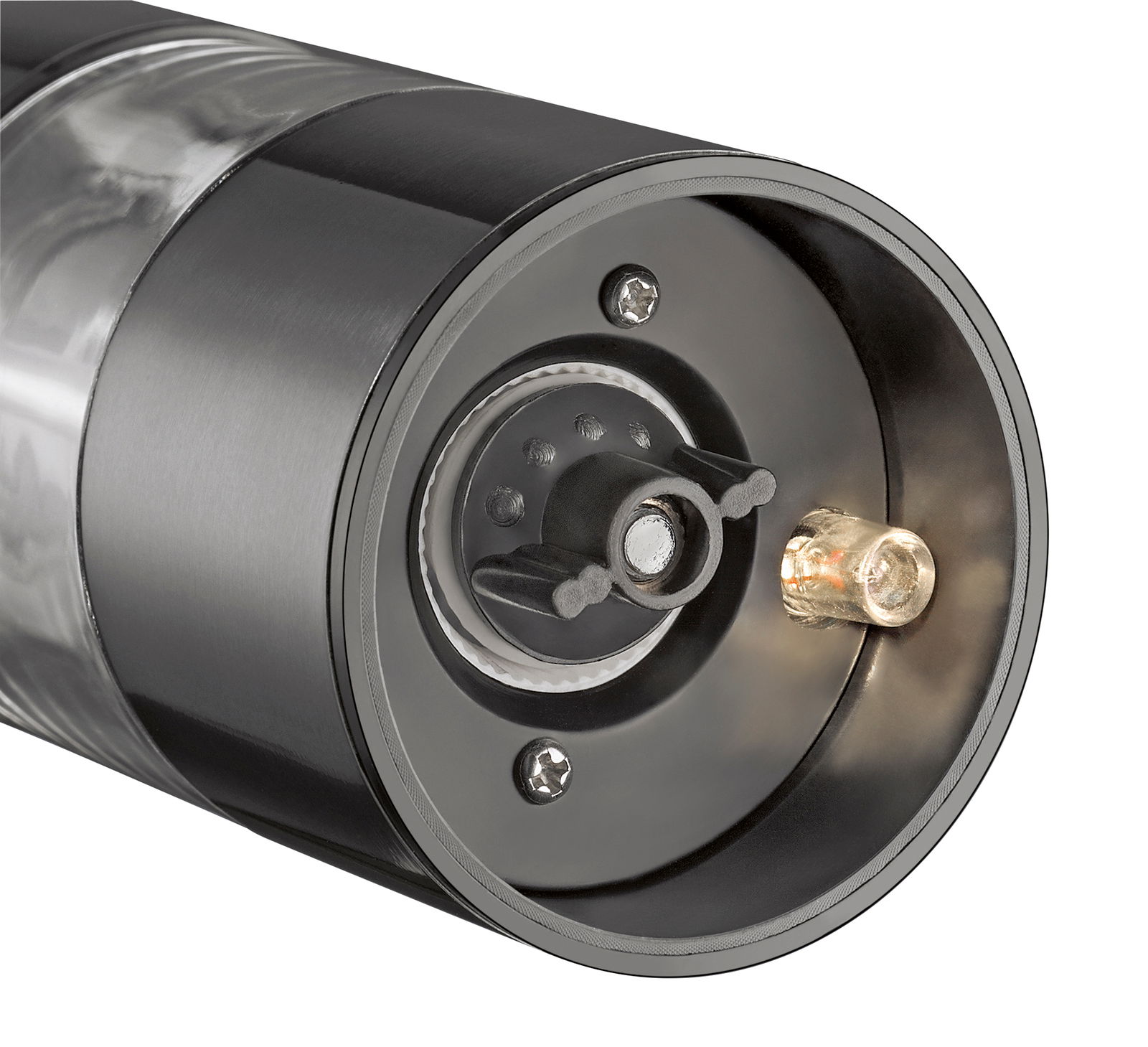 Nahaufnahme der Unterseite einer Pfeffer- und Salzmühle mit sichtbarem Mahlwerk und LED-Licht.