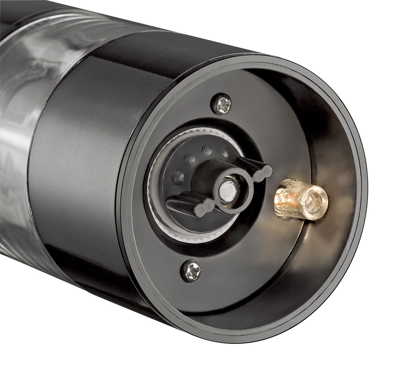 Nahaufnahme der Unterseite einer Pfeffer- und Salzmühle mit sichtbarem Mahlwerk und LED-Licht.