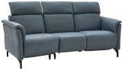 Dreier-Sofa in blauer Lederoptik, seitliche Perspektive