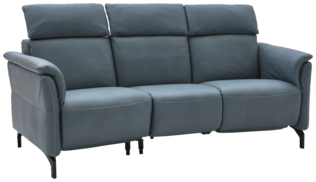 Dreier-Sofa in blauer Lederoptik, seitliche Perspektive