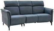 Dreier-Sofa in blauer Lederoptik, seitliche Perspektive