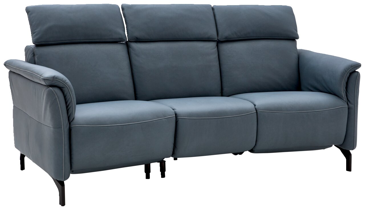 Dreier-Sofa in blauer Lederoptik, seitliche Perspektive