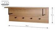 Wandgarderobe in Holzoptik mit Melaminharzbeschichtung, 80 cm breit und 30 cm hoch, mit vier schwarzen Haken und zwei Metallbügeln, frontal in leichter Schrägansicht von vorn dargestellt.