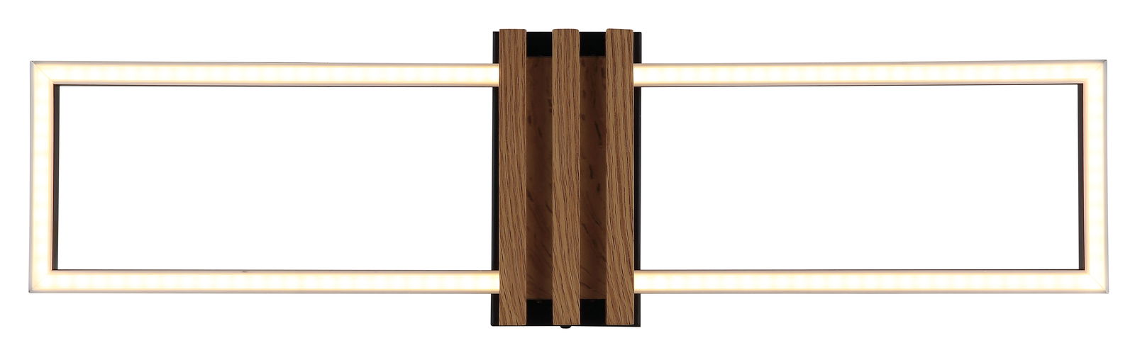 Moderne Deckenleuchte mit rechteckigem, beleuchtetem Rahmen und Holzelementen, Ansicht von vorne.