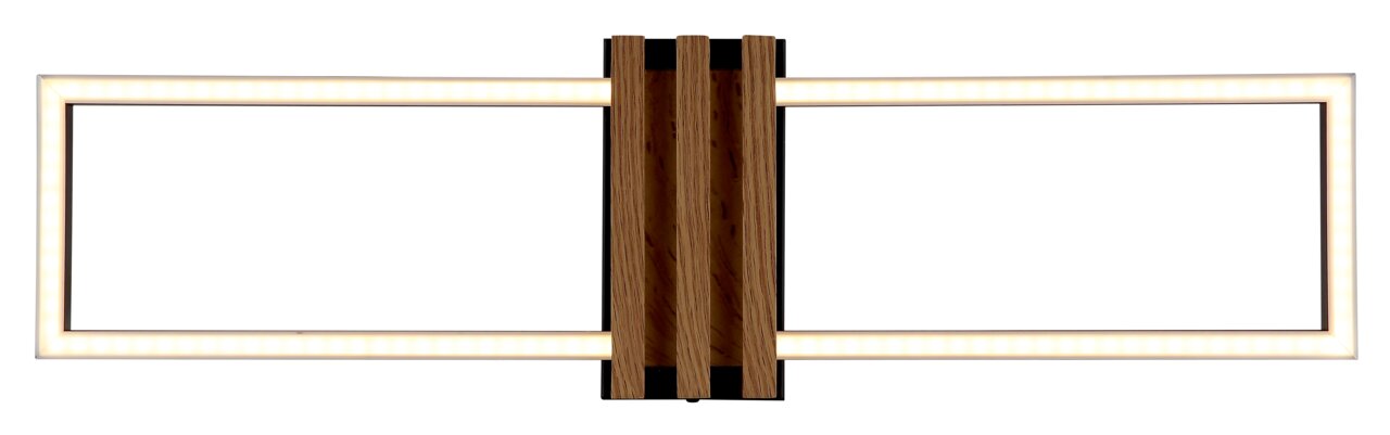 Moderne Deckenleuchte mit rechteckigem, beleuchtetem Rahmen und Holzelementen, Ansicht von vorne.