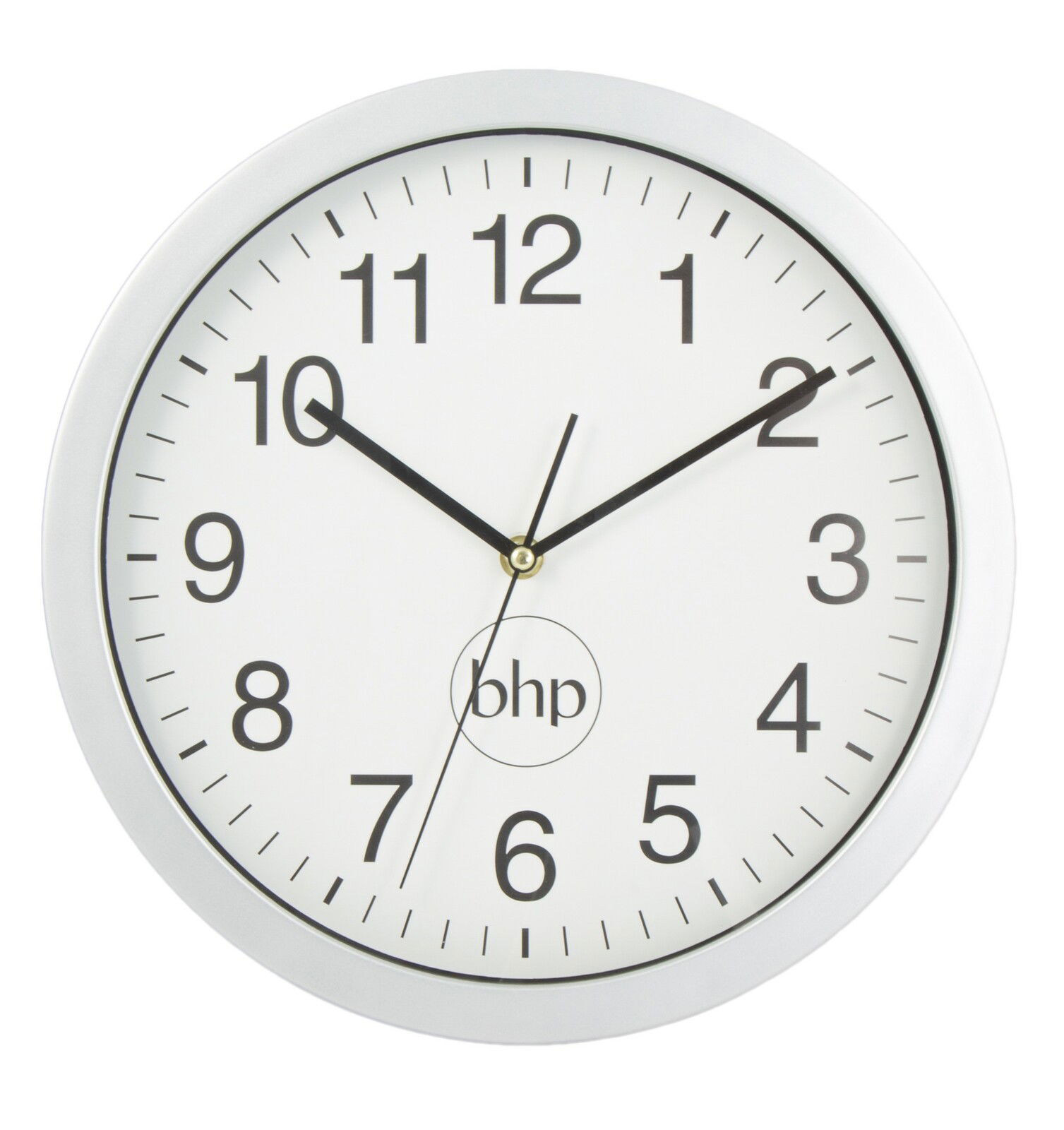 Runde Wanduhr aus weißem Kunststoff mit schwarzen Ziffern und Zeigern, frontal abgebildet.