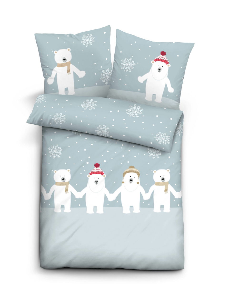 Biber Bettwäsche 100x135cm mit niedlichem Eisbär-Motiv, Schneeflocken und winterlichem Design, aus der Vogelperspektive.