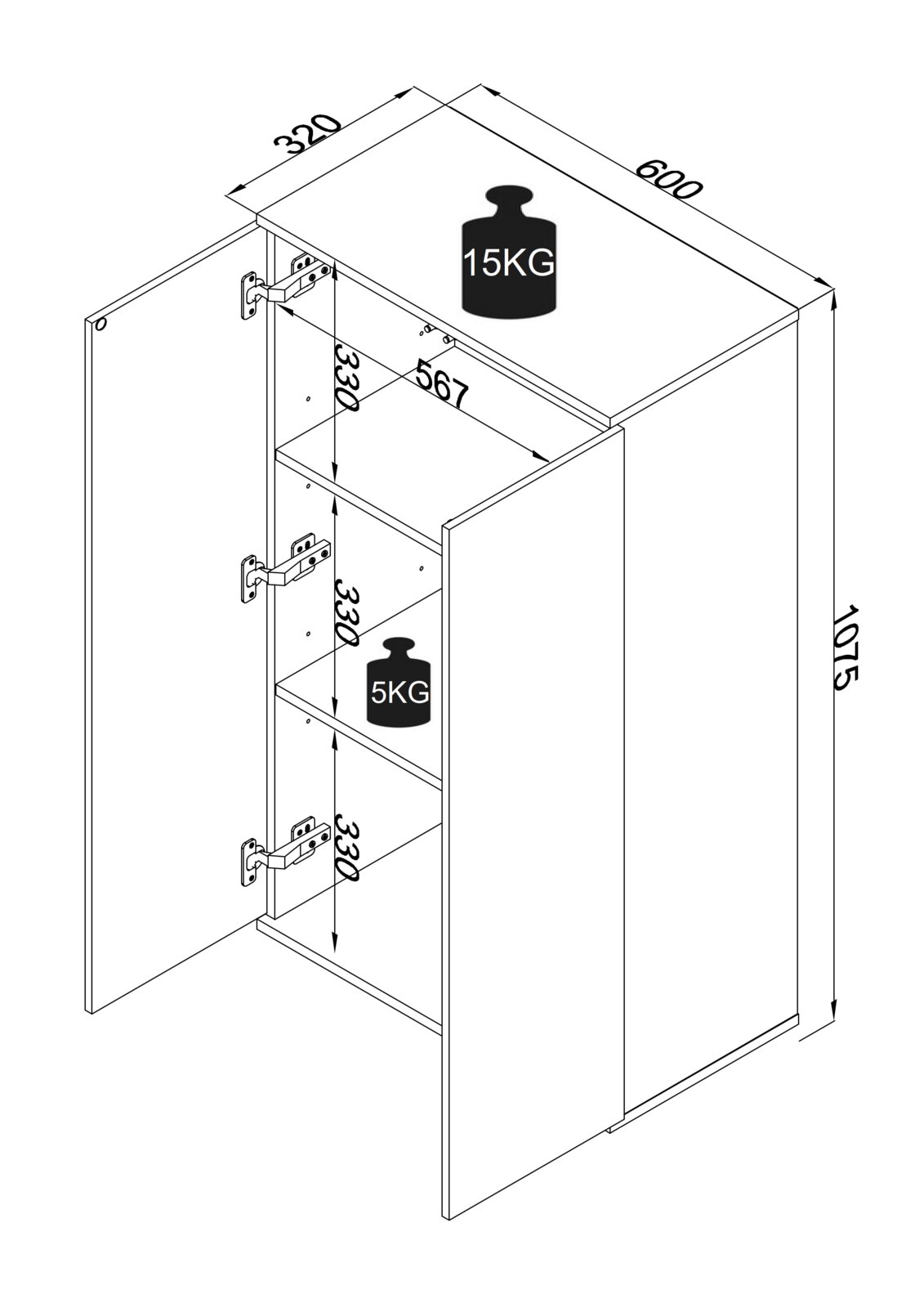 Technische Zeichnung eines schmalen Schranks mit geöffneter Tür und zwei Einlegeböden, Maße ca. 1075 x 600 x 320 mm, Belastbarkeit 15 kg oben und 5 kg je Boden, dargestellt in schräger Vorderansicht von oben