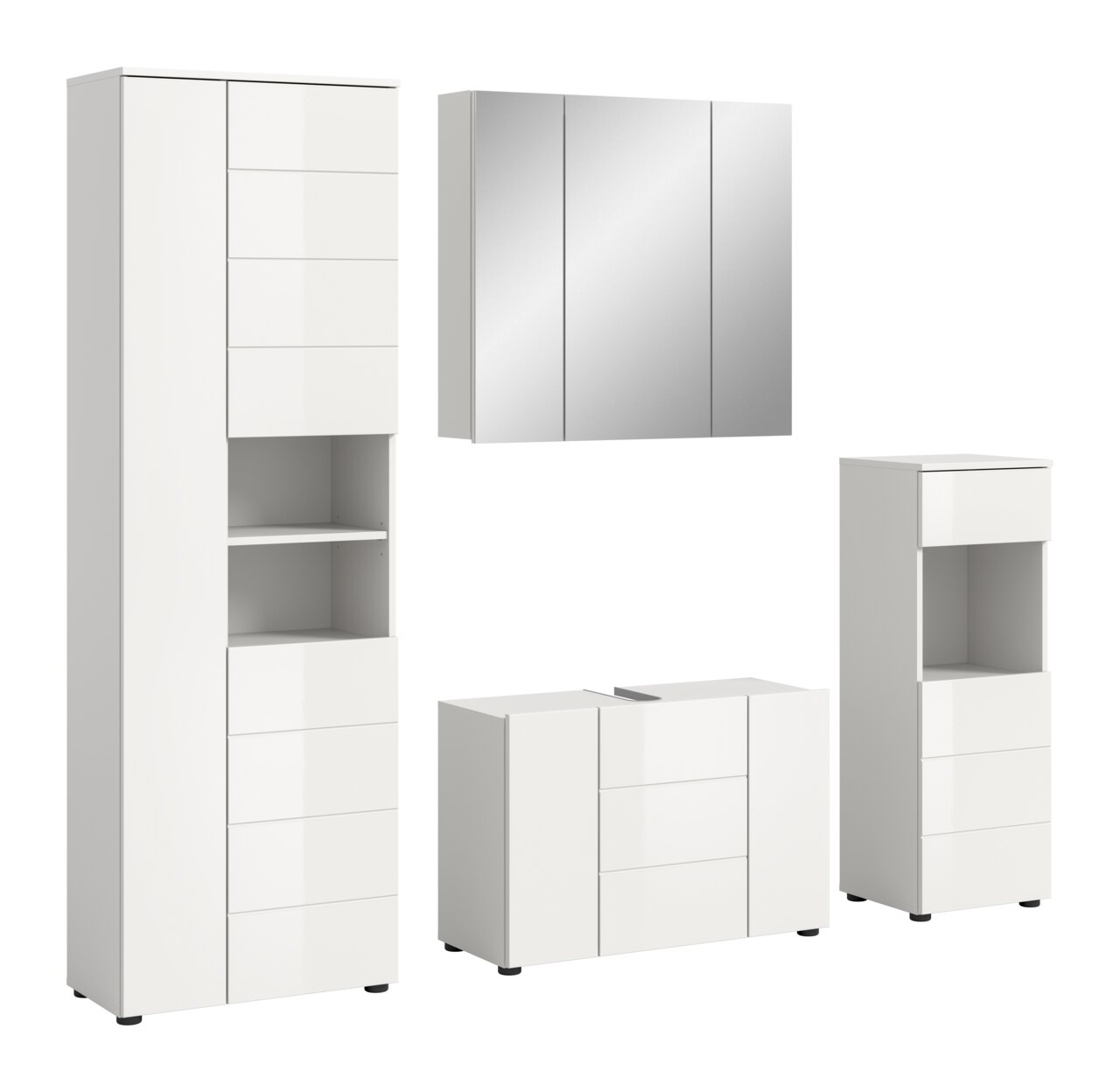 Moderne weiße Badkombination mit Hochschrank, Spiegelschrank, Unterschrank und Seitenschrank, frontal betrachtet.