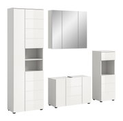 Moderne weiße Badkombination mit Hochschrank, Spiegelschrank, Unterschrank und Seitenschrank, frontal betrachtet.