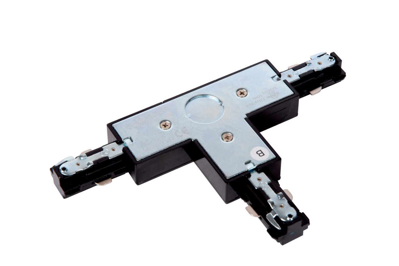 T-Verbinder in Schwarz und Metalloptik, von oben betrachtet, mit drei Anschlüssen für Schienensysteme.