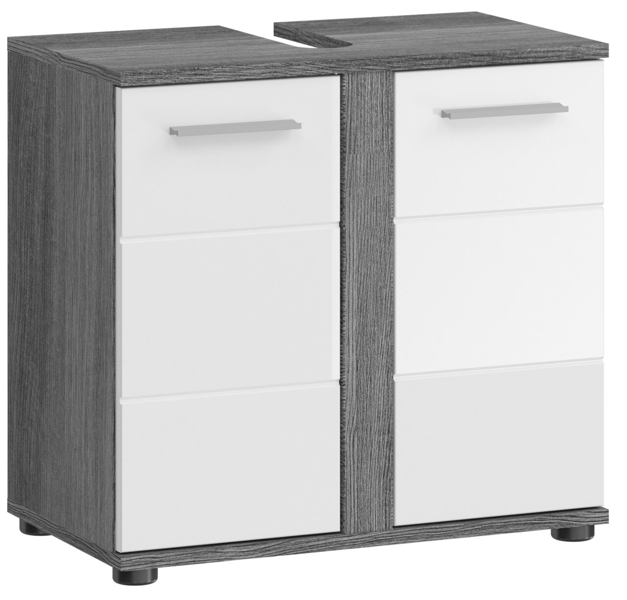 MID.YOU Waschbeckenunterschrank BLAKE Moderner Waschbeckenunterschrank in Holzoptik mit weißen Fronten, seitliche Perspektive