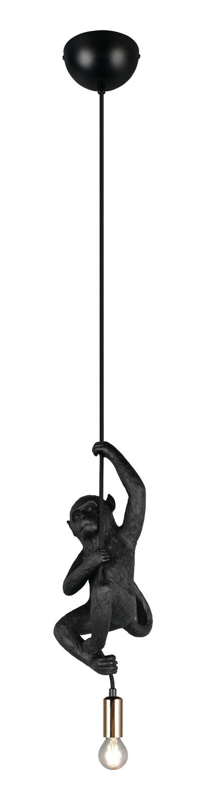 Reality Leuchten Hanglamp FIPS Schwarze Pendelleuchte mit Affenfigur, die an einem Kabel hängt, seitliche Perspektive
