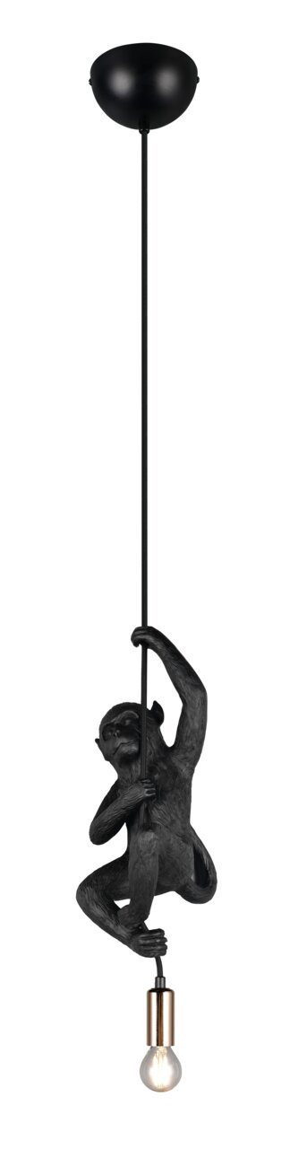 Schwarze Pendelleuchte mit Affenfigur, die an einem Kabel hängt, seitliche Perspektive