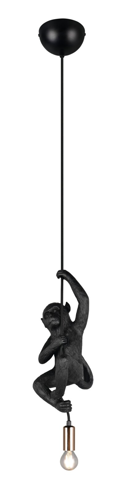 Schwarze Pendelleuchte mit Affenfigur, die an einem Kabel hängt, seitliche Perspektive