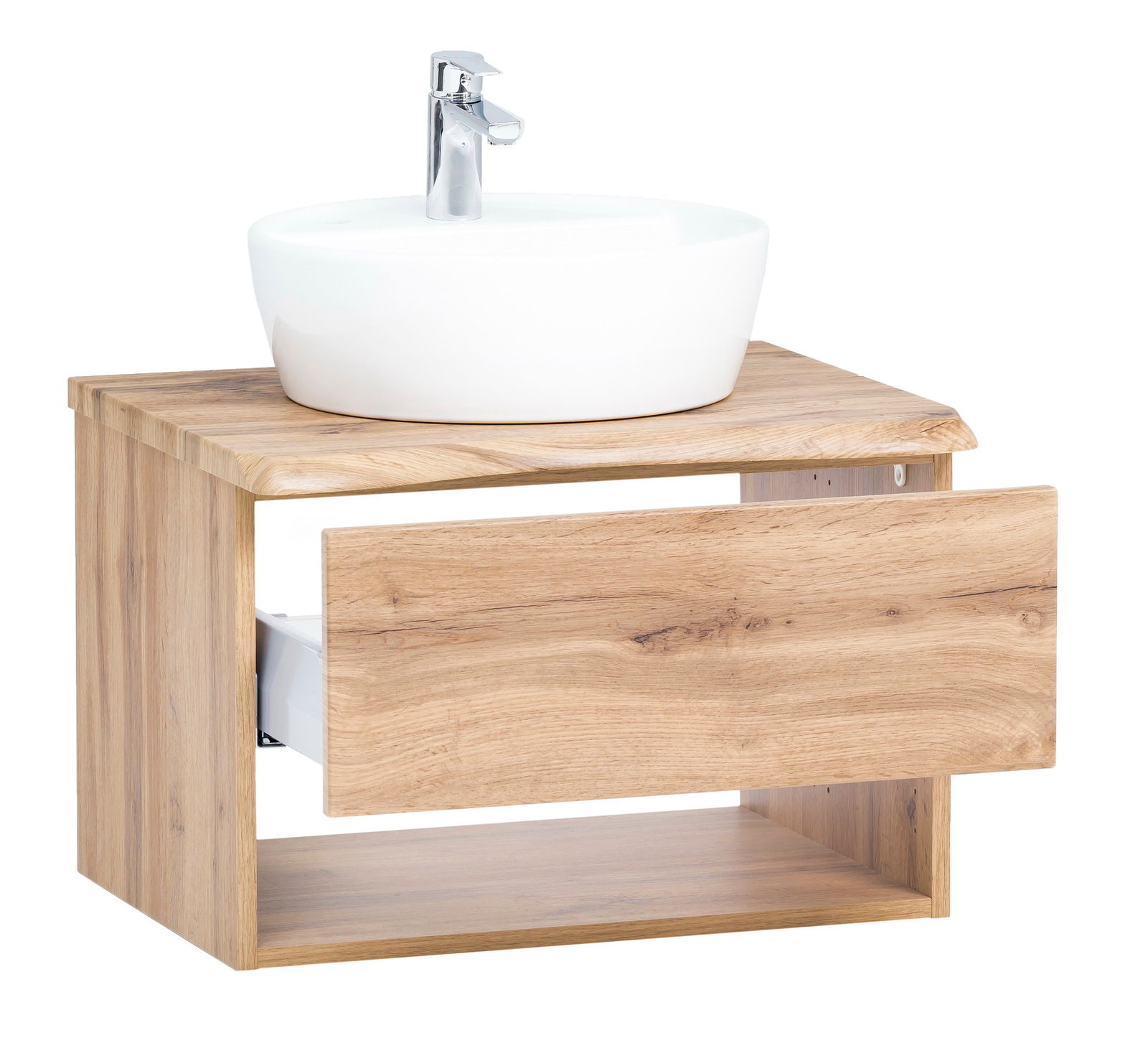 Waschtisch-Set mit Holzoptik und weißem Aufsatzwaschbecken, seitliche Perspektive