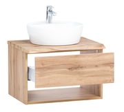 Waschtisch-Set mit Holzoptik und weißem Aufsatzwaschbecken, seitliche Perspektive