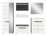 Modernes Flur-/Garderobenmöbel-Set in Weiß und Anthrazit mit Hochschrank, Sitzbank mit grauem Polster, Kommode, Spiegel, Wandpaneel mit Haken und Ablage, Frontansicht