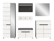 Modernes Flur-/Garderobenmöbel-Set in Weiß und Anthrazit mit Hochschrank, Sitzbank mit grauem Polster, Kommode, Spiegel, Wandpaneel mit Haken und Ablage, Frontansicht