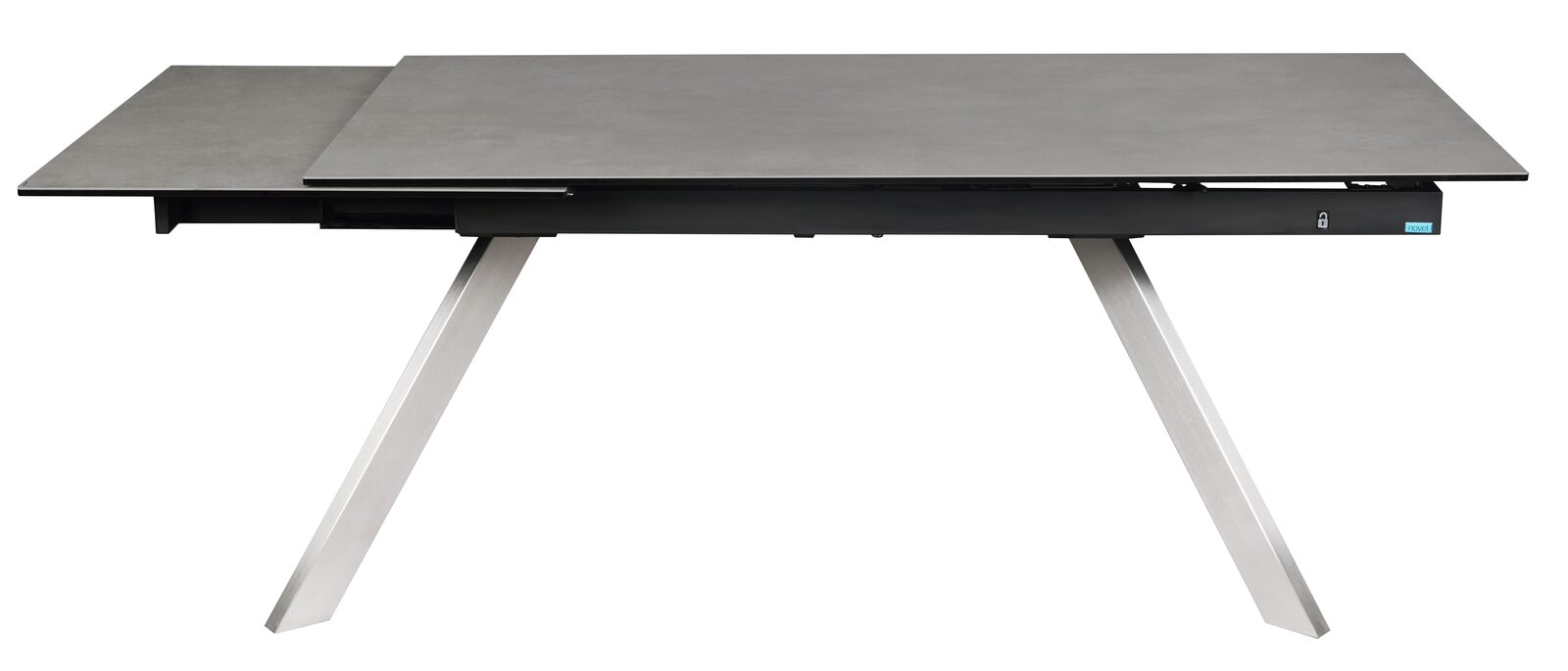 Moderner Esstisch mit grauer Tischplatte und schrägen Metallbeinen, seitliche Perspektive